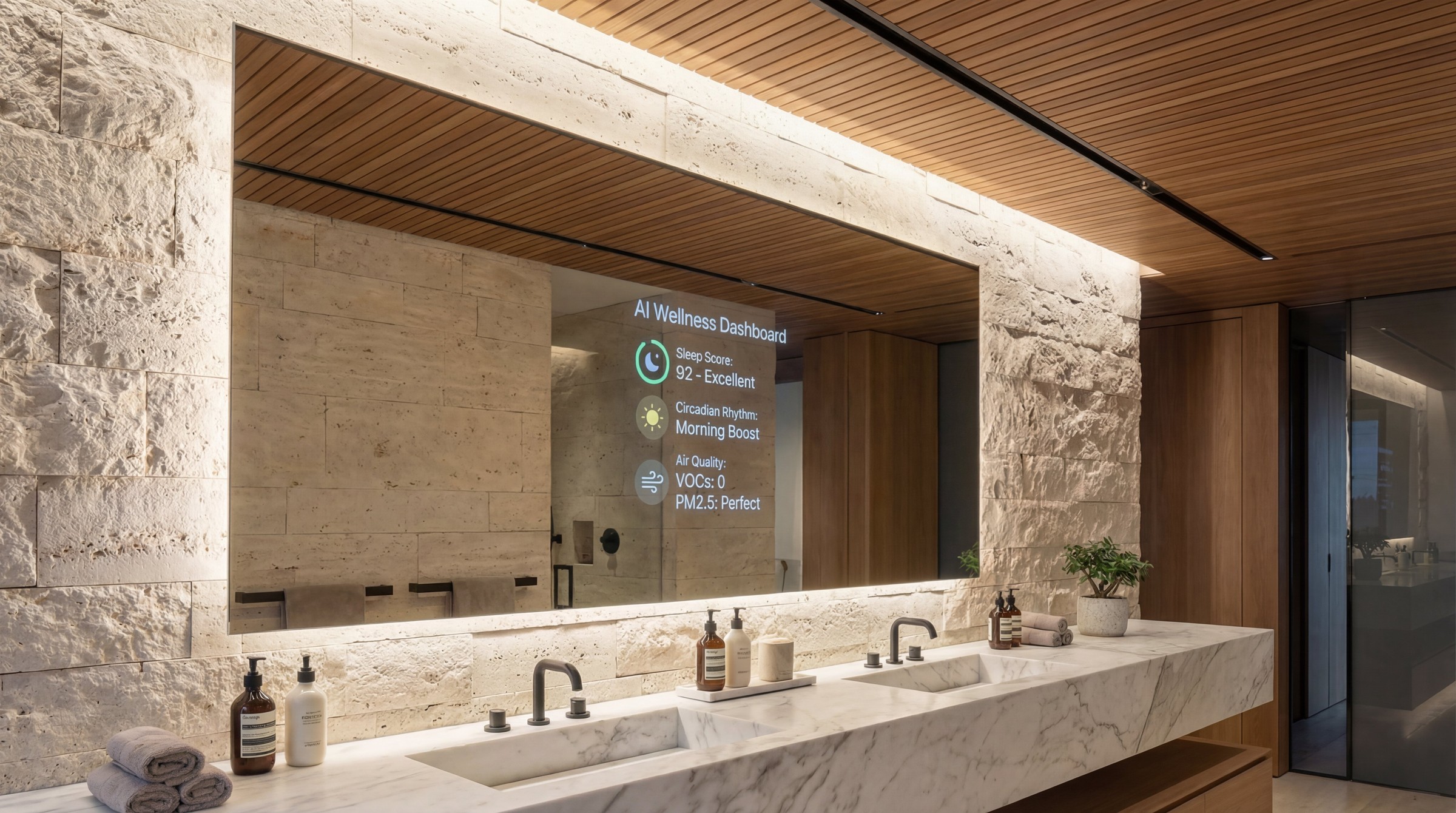 Longevity-optimized bathroom with integrated wellness systems